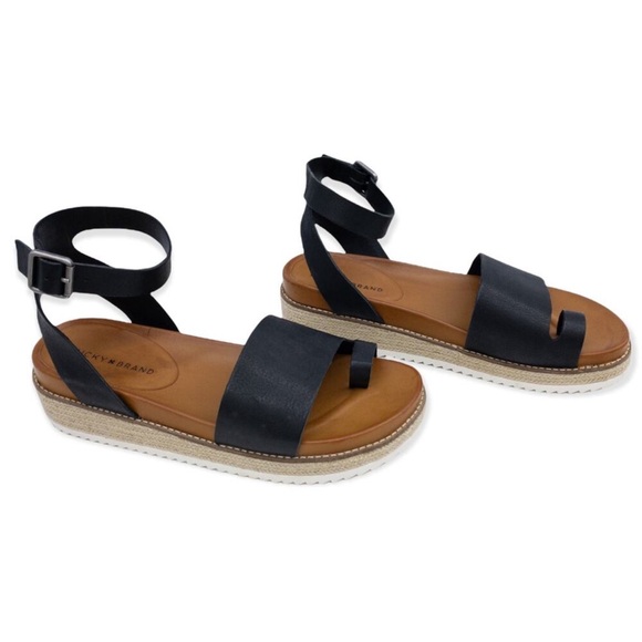 Lucky Brand Black Leather Wedge Sandals - Picture 3 of 12